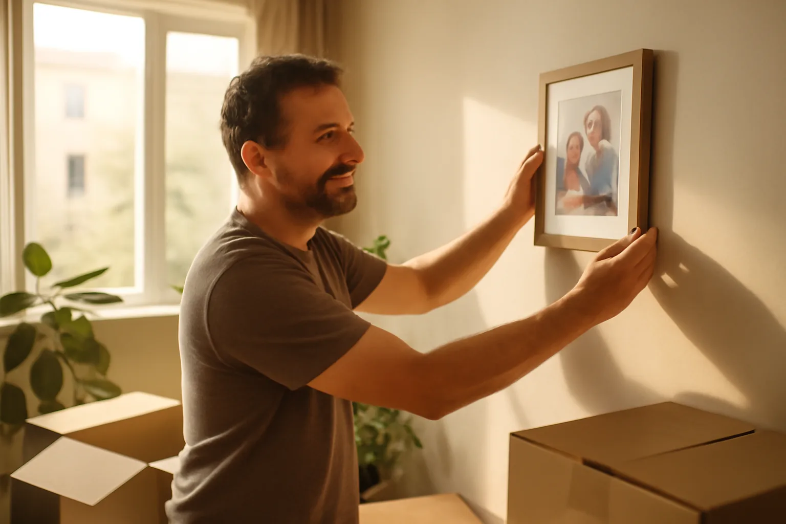 Nouveau propriétaire accrochant un cadre photo dans son salon lumineux entouré de cartons de déménagement