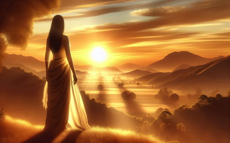 Jeune personne contemplant un lever de soleil depuis une colline, espoir et nouveau d&eacute;part