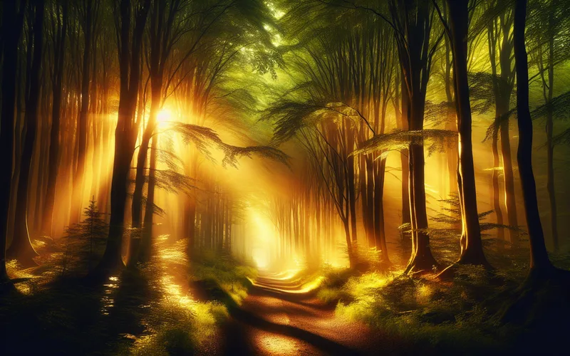 Sentier forestier paisible avec brume matinale et rayons de soleil dor&eacute;s, tranquillit&eacute;