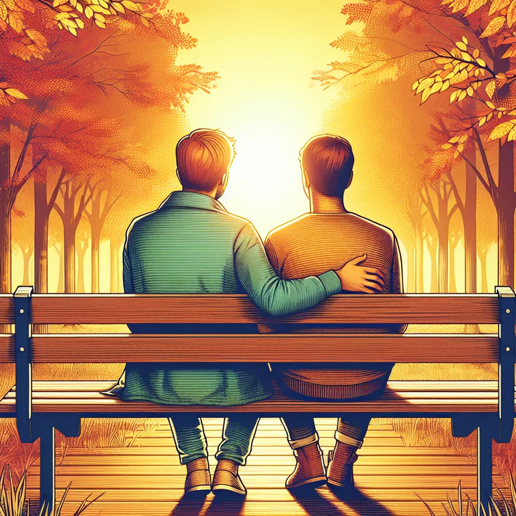 Deux personnes assises sur un banc en automne, dans une lumière dorée, symbolisant l'écoute bienveillante