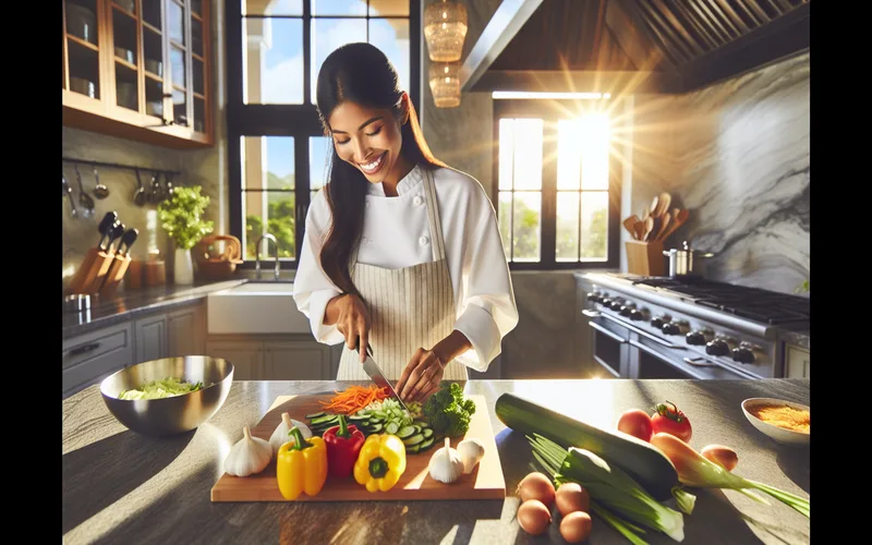 Personne pr&eacute;parant joyeusement un repas sain et color&eacute; dans une cuisine ensoleill&eacute;e