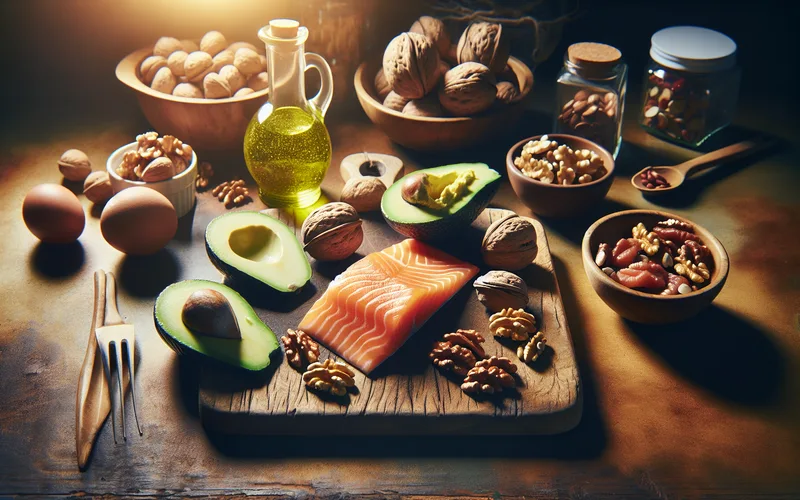 Saumon frais, avocat, noix et huile d'olive sur une planche en bois, aliments bons pour le cerveau