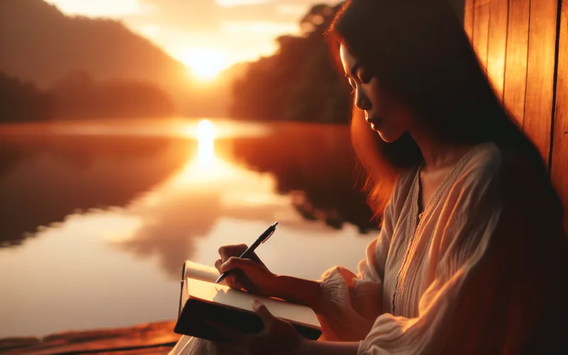 Personne assise paisiblement au bord d'un lac &agrave; l'heure dor&eacute;e, journal de gratitude