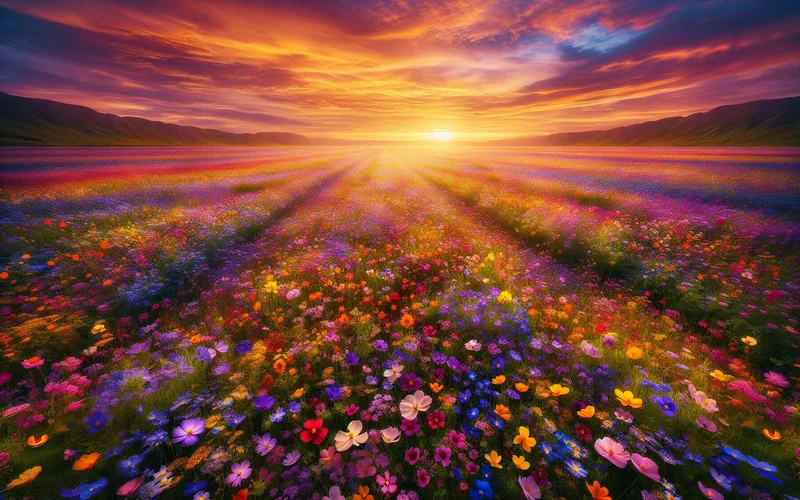 Champ de fleurs sauvages s'&eacute;tendant jusqu'&agrave; l'horizon sous un coucher de soleil chaleureux