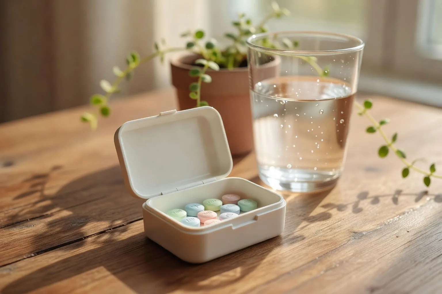 Pilulier ouvert avec antidépresseurs à côté d'un verre d'eau, lumière douce, ambiance médicale apaisée