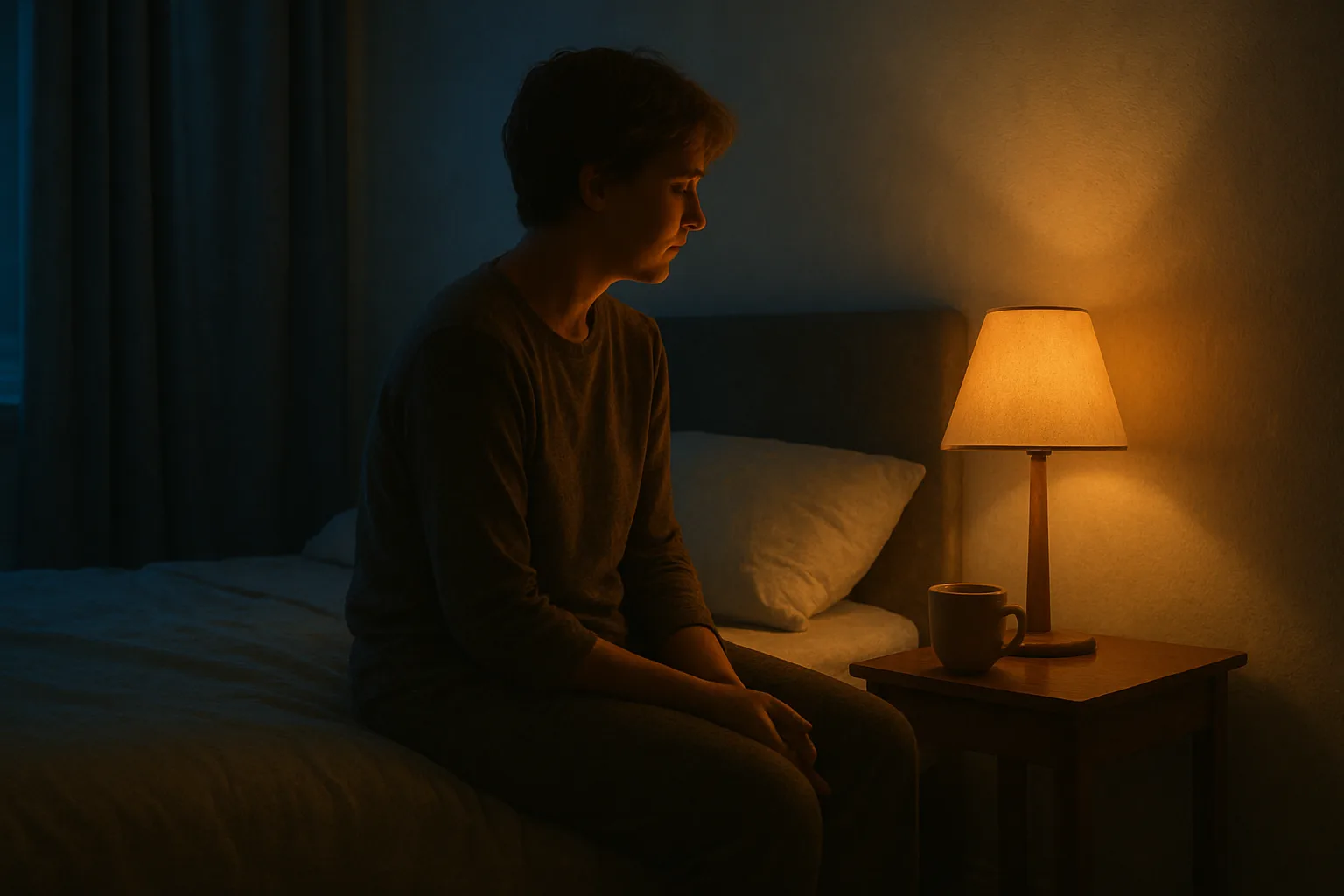 Personne assise au bord de son lit dans une chambre tamisée, lumière chaude d'une lampe de chevet, rituel du soir apaisant