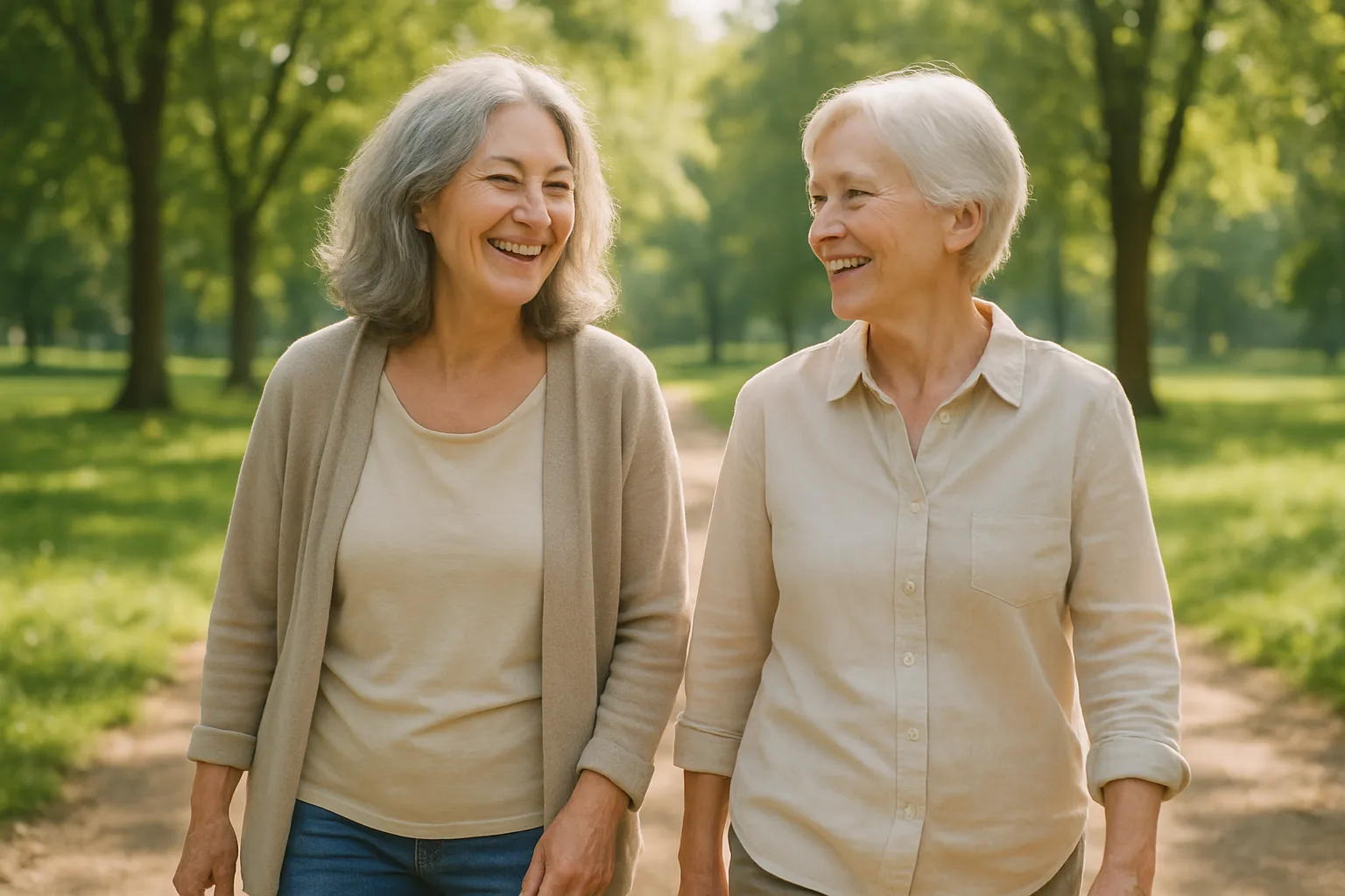 Deux femmes d'environ 60 ans marchant en extérieur et échangeant en souriant, illustrant l'importance des liens sociaux après la retraite