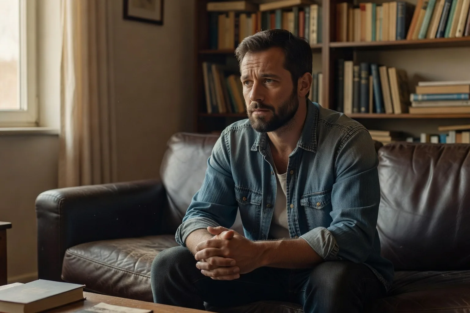 Homme seul et pensif dans un intérieur, représentation symbolique de la souffrance masculine