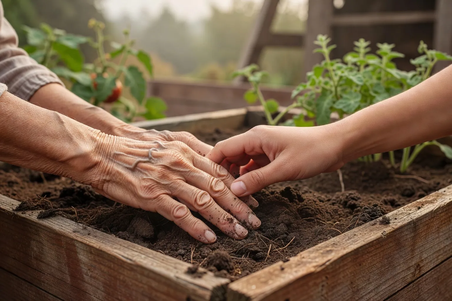 Mains d'une personne âgée et mains d'une personne plus jeune touchant ensemble la terre dans un bac de jardinage