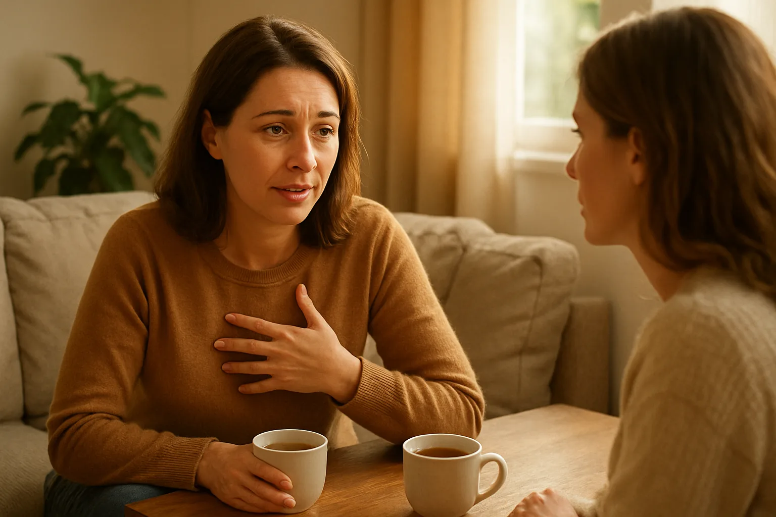 Deux femmes échangeant calmement autour d'une tasse de thé, l'une écoutant l'autre avec bienveillance, illustrant l'importance d'en parler à quelqu'un de confiance