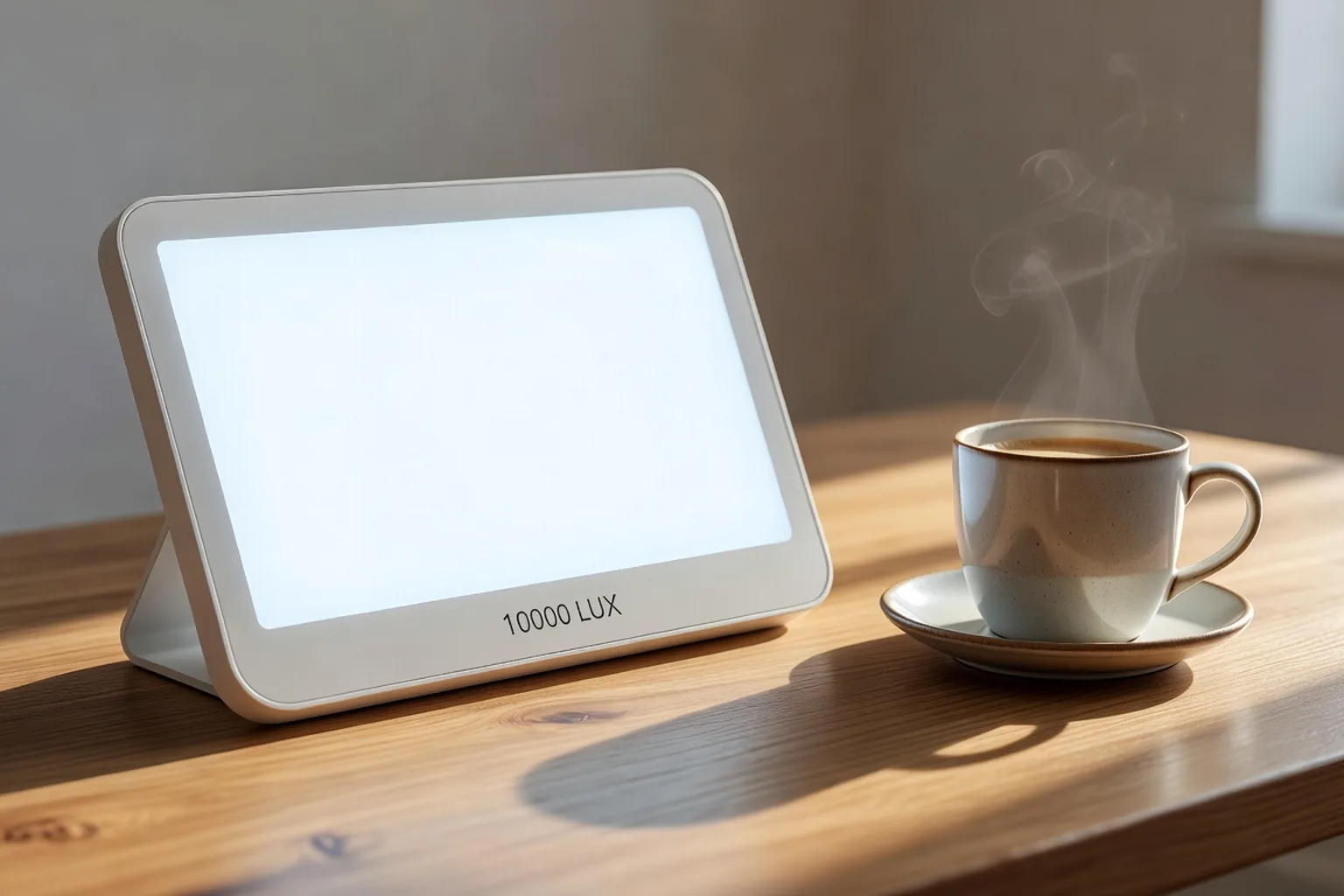 Lampe de luminothérapie 10 000 lux blanche sur un bureau avec une tasse de café, routine matinale