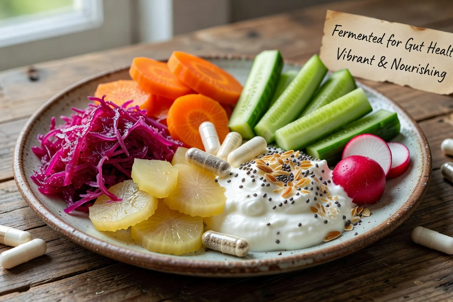 Assiette colorée d'aliments fermentés, légumes et probiotiques pour la santé intestinale et l'humeur