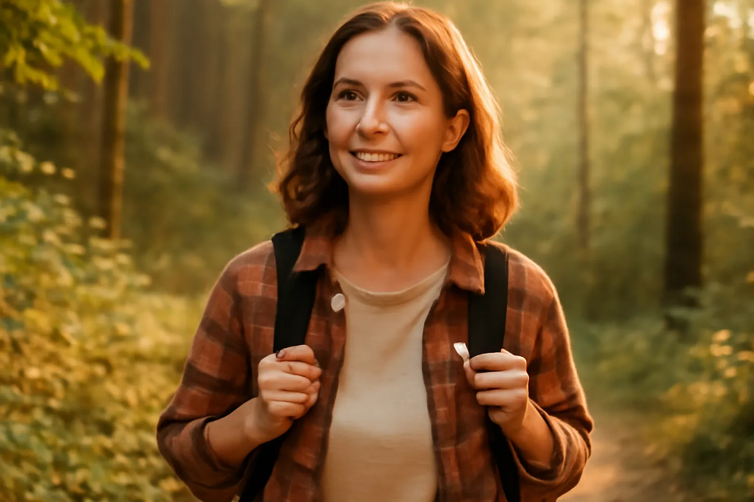 Femme adulte souriante en randonnée sur un sentier forestier baigné de lumière, symbole de la reconstruction personnelle après un divorce