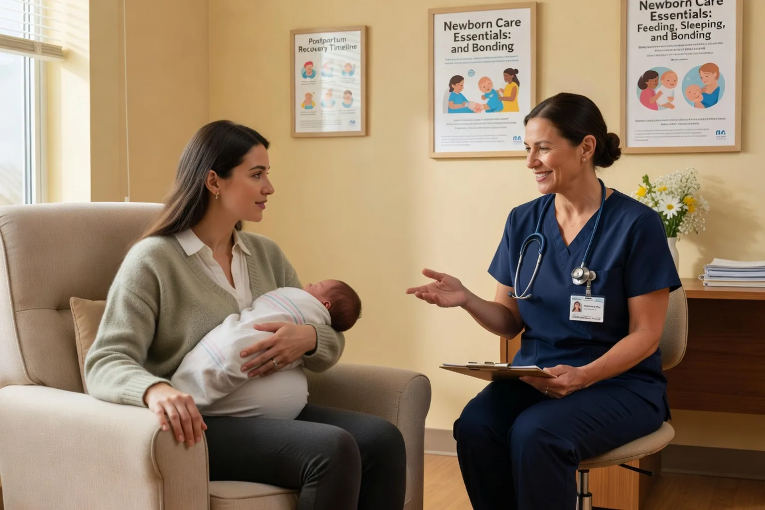 Consultation d'une mère avec une professionnelle de santé en maternité, atmosphère bienveillante