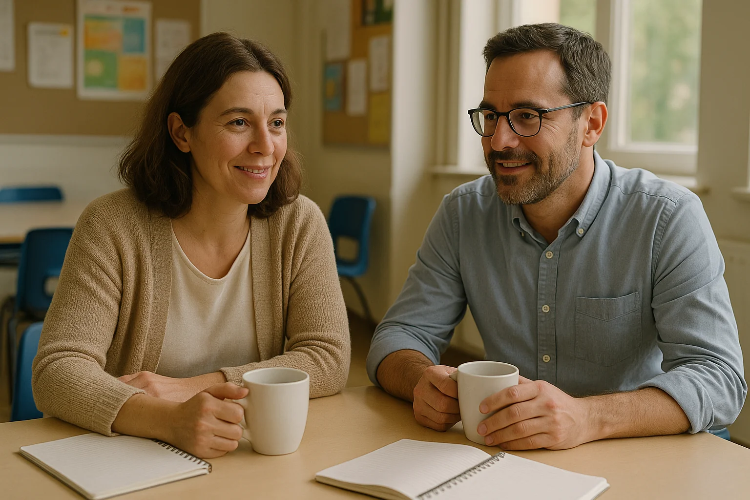 Deux enseignants échangeant autour d'une tasse de café dans une salle des profs, entraide entre collègues