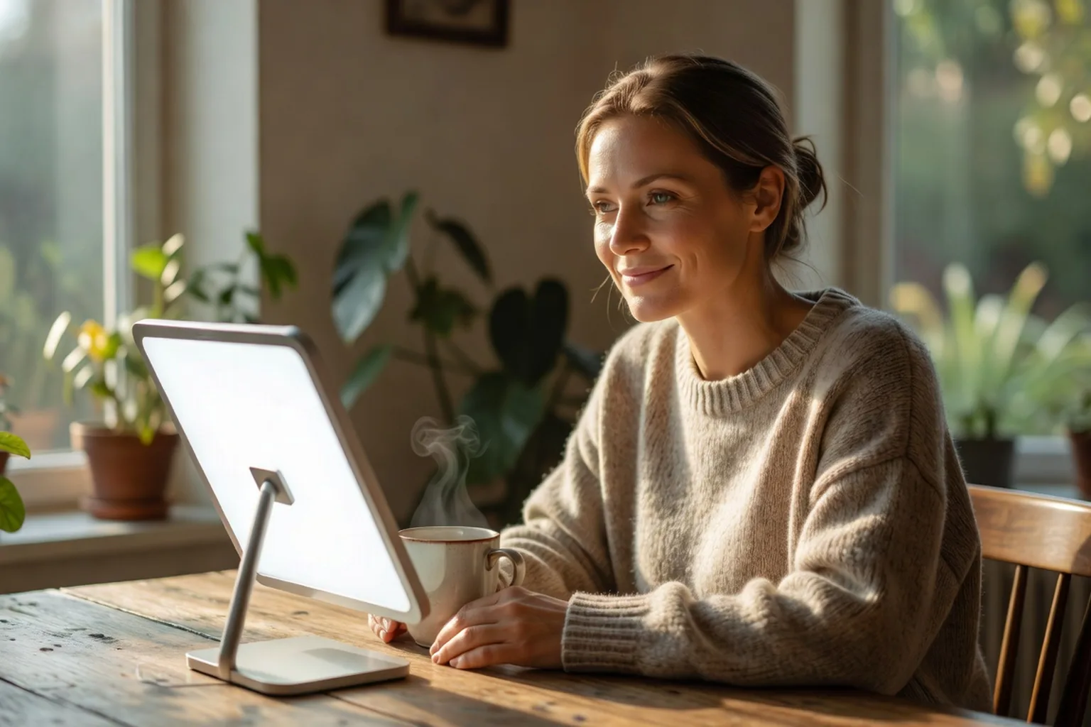 Femme utilisant une lampe de luminothérapie le matin, ambiance sereine et reposée