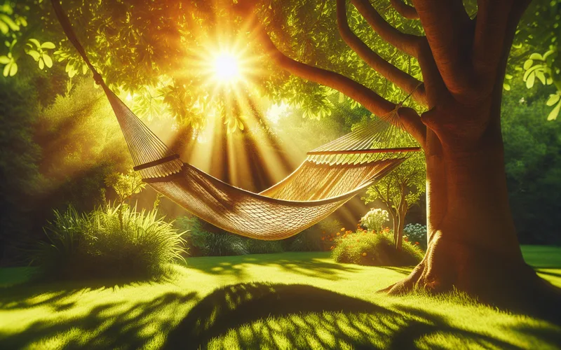 Hamac entre deux arbres dans un jardin paisible baign&eacute; de lumi&egrave;re chaude, repos et r&eacute;cup&eacute;ration
