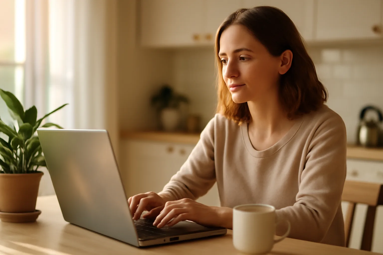 Femme consultant sereinement un annuaire de psychologues sur son ordinateur portable dans une cuisine lumineuse