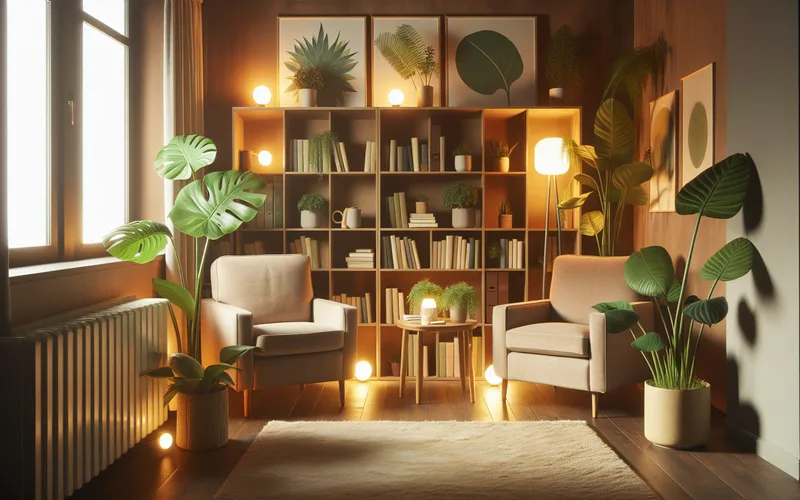 Cabinet de th&eacute;rapie confortable avec lumi&egrave;re chaude, fauteuils et plantes, atmosph&egrave;re accueillante
