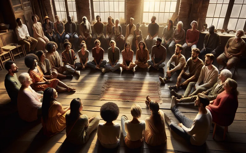 Groupe de personnes assises en cercle dans une pi&egrave;ce ensoleill&eacute;e, soutien mutuel