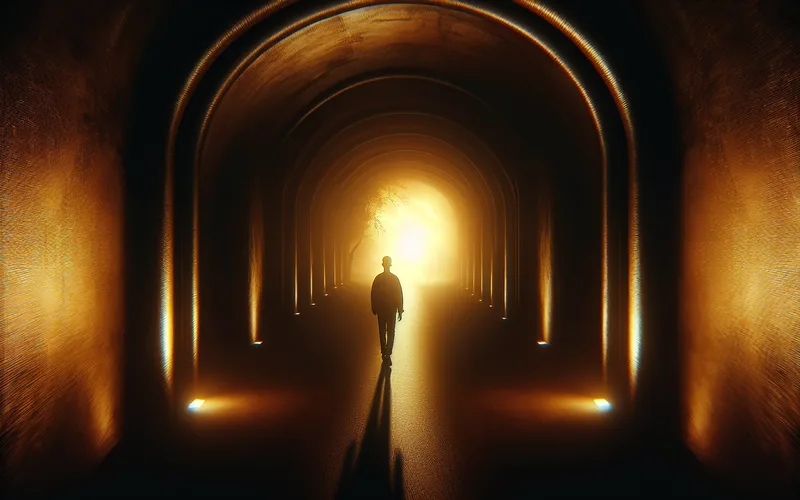 Lumi&egrave;re dor&eacute;e au bout d'un tunnel, personne marchant vers l'espoir et le progr&egrave;s