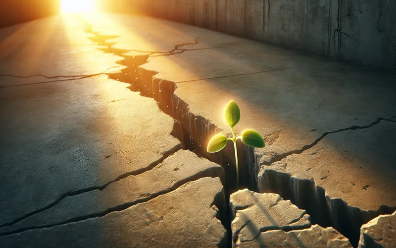 Jeune pousse per&ccedil;ant le b&eacute;ton dans la lumi&egrave;re chaude, r&eacute;silience et renouveau