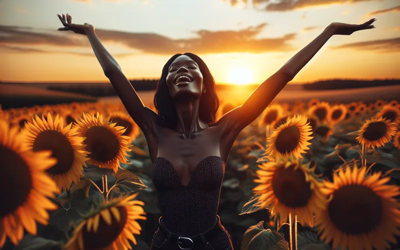 Personne bras ouverts dans un champ de tournesols au coucher du soleil, libert&eacute; et joie