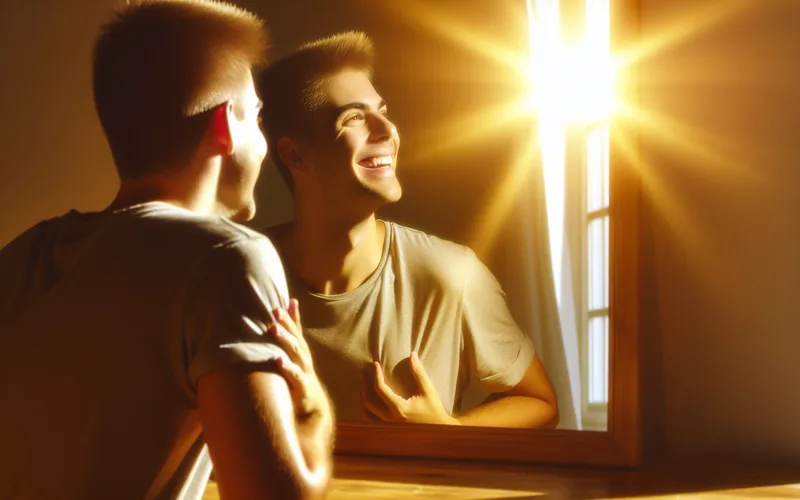 Personne souriante devant son reflet dans un miroir ensoleill&eacute;, acceptation de soi