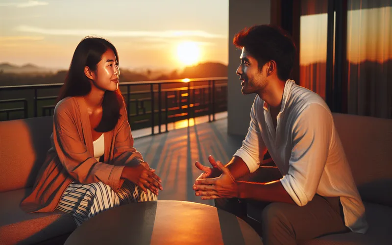 Couple discutant chaleureusement sur une terrasse paisible au coucher du soleil, communication ouverte