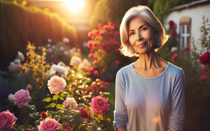 Femme &eacute;panouie dans un jardin ensoleill&eacute; entour&eacute;e de roses en fleurs, renouveau et s&eacute;r&eacute;nit&eacute;
