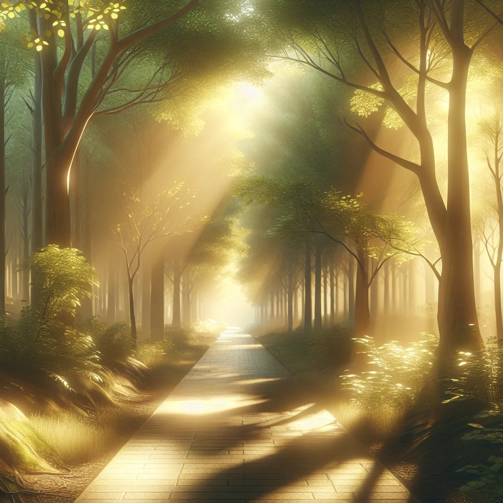 Chemin ensoleillé à travers une forêt, symbolisant le parcours de la crise de la quarantaine vers un renouveau