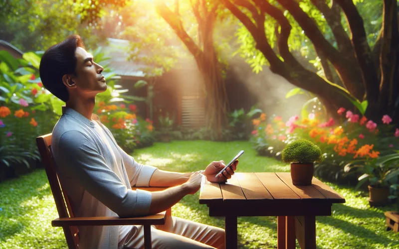 Personne posant son t&eacute;l&eacute;phone dans un jardin paisible et ensoleill&eacute;, d&eacute;connexion et gu&eacute;rison