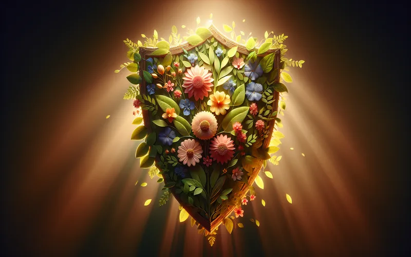 Bouclier fait de fleurs et de feuilles dans une lumi&egrave;re dor&eacute;e, protection et r&eacute;silience