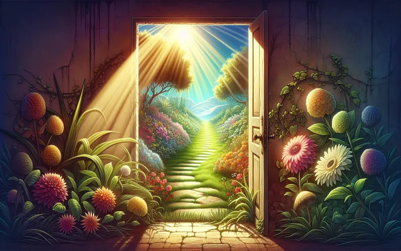 Porte ouverte menant &agrave; un chemin de jardin ensoleill&eacute;, nouveau d&eacute;part apr&egrave;s une &eacute;preuve