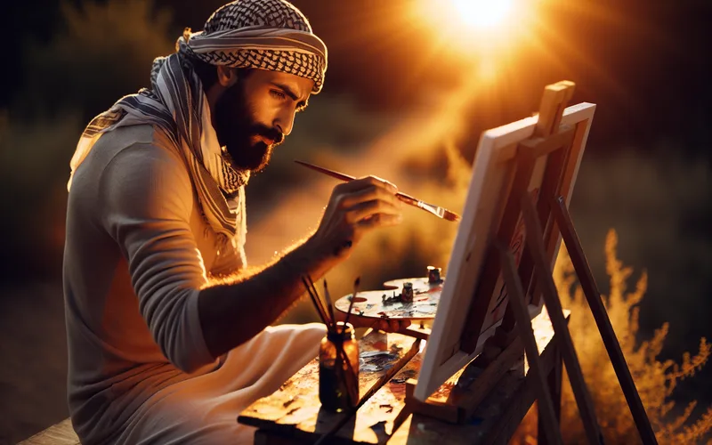 Personne peignant sur un chevalet en plein air dans une lumi&egrave;re d'apr&egrave;s-midi chaude