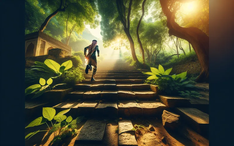 Personne gravissant des marches en pierre ensoleillées dans la nature