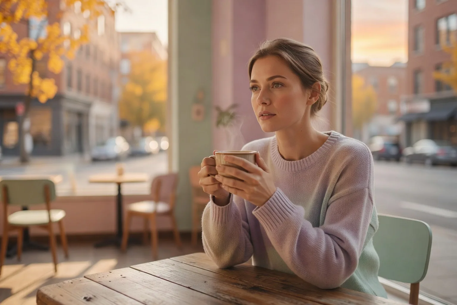 Femme dans la trentaine, regard pensif au café, lumière dorée du matin, ambiance de réflexion sereine