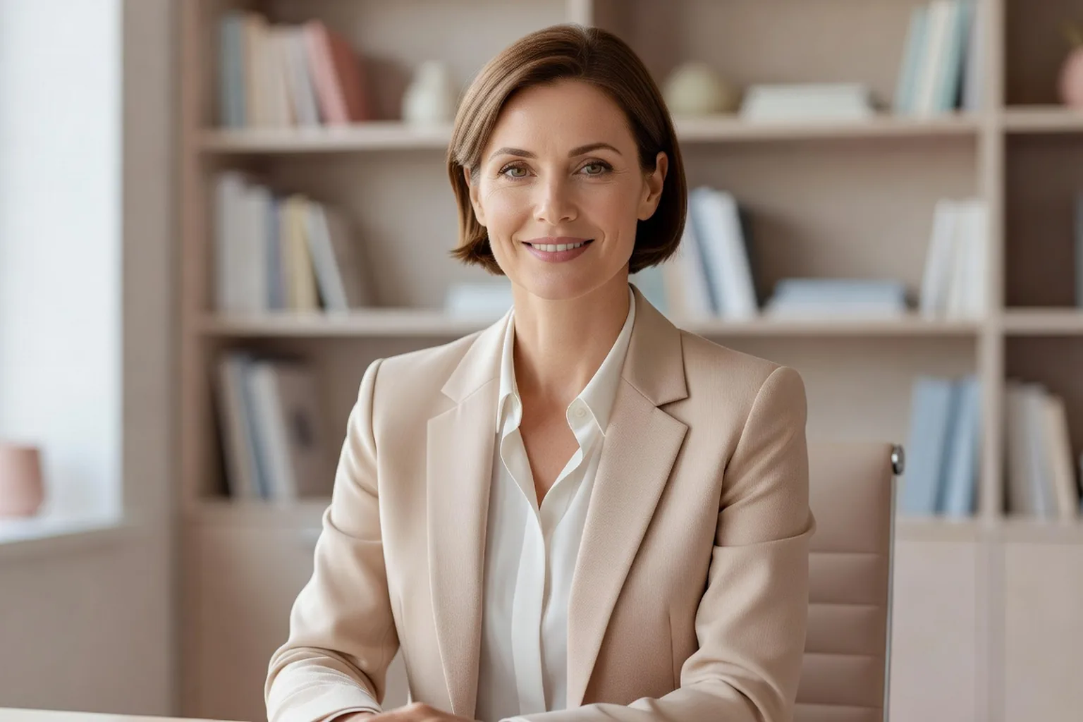 Portrait éditorial d'une médecin du travail dans son cabinet, lumière naturelle douce, ambiance professionnelle et bienveillante