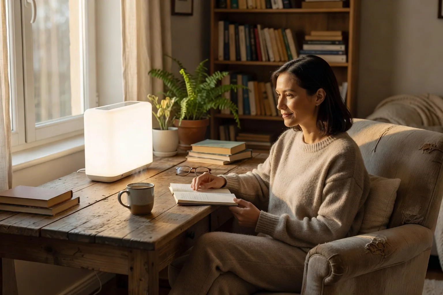 Personne devant une lampe de luminothérapie le matin