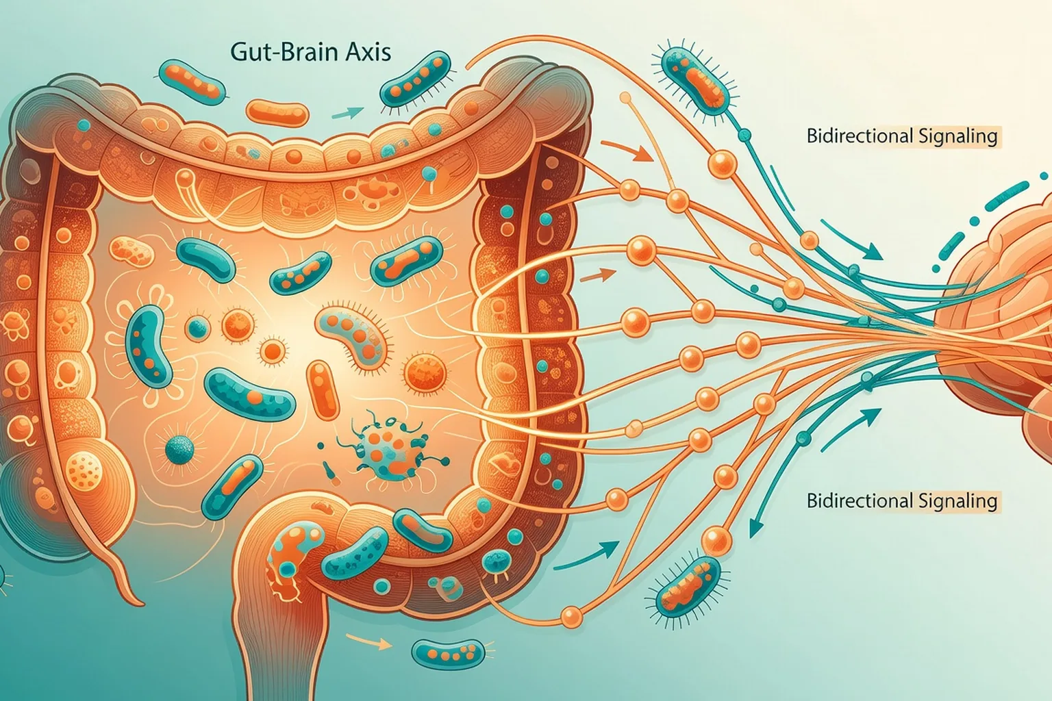 Illustration scientifique de l'axe intestin-cerveau et du microbiote