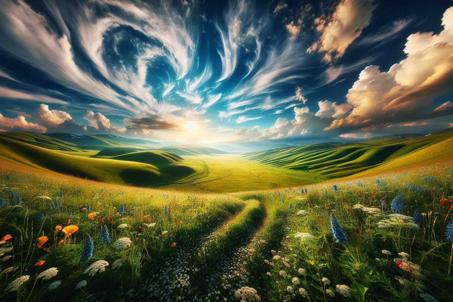 Prairie verdoyante sous un ciel bleu avec lumi&egrave;re dor&eacute;e du soleil, chemin vers l'horizon