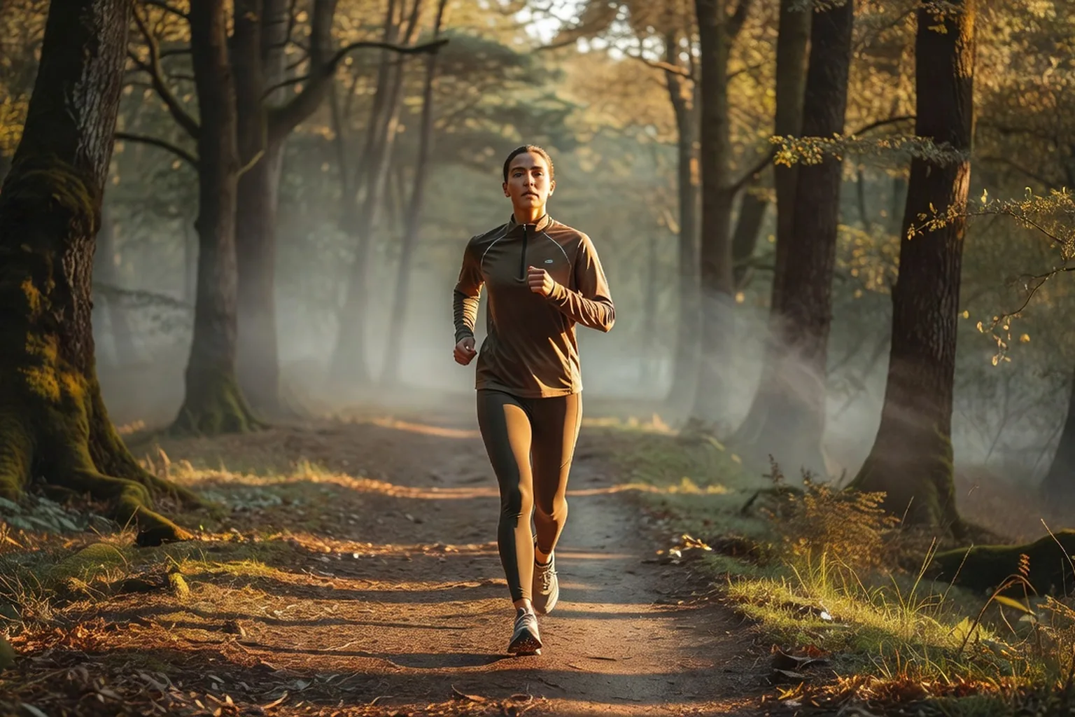 Personne faisant un jogging matinal en pleine nature, lumière douce, expression déterminée et apaisée