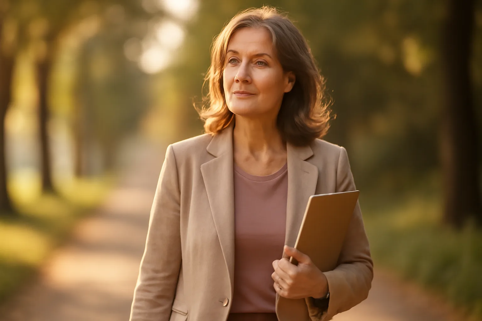 Femme marchant avec confiance sur un chemin arboré ensoleillé, carnet sous le bras, symbole d'un nouveau départ professionnel