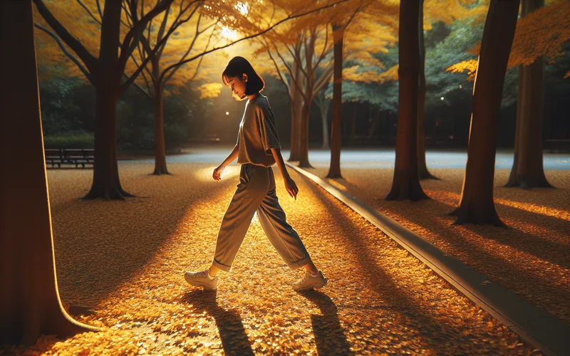 Personne marchant dans un parc automnal paisible avec des feuilles dor&eacute;es, marche en pleine conscience