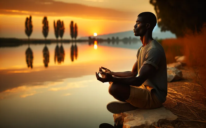 Personne assise en pleine conscience au bord d'un lac calme &agrave; l'heure dor&eacute;e, paix int&eacute;rieure