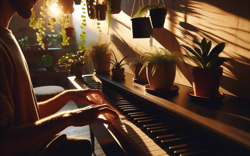 Mains jouant du piano dans une lumi&egrave;re dor&eacute;e chaude, pi&egrave;ce paisible avec des plantes