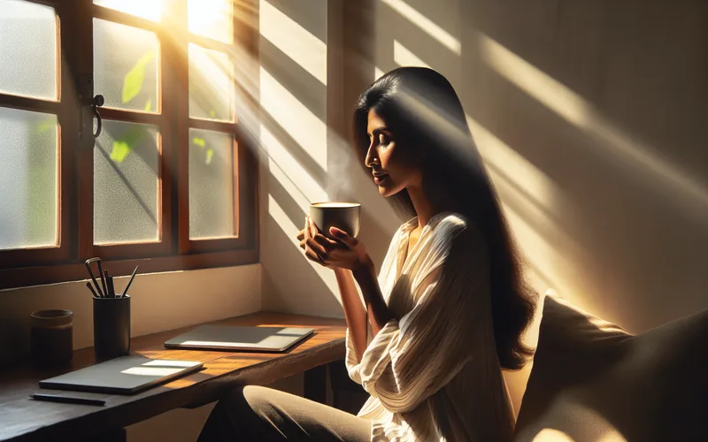 Personne savourant une pause café près d une fenêtre ensoleillée