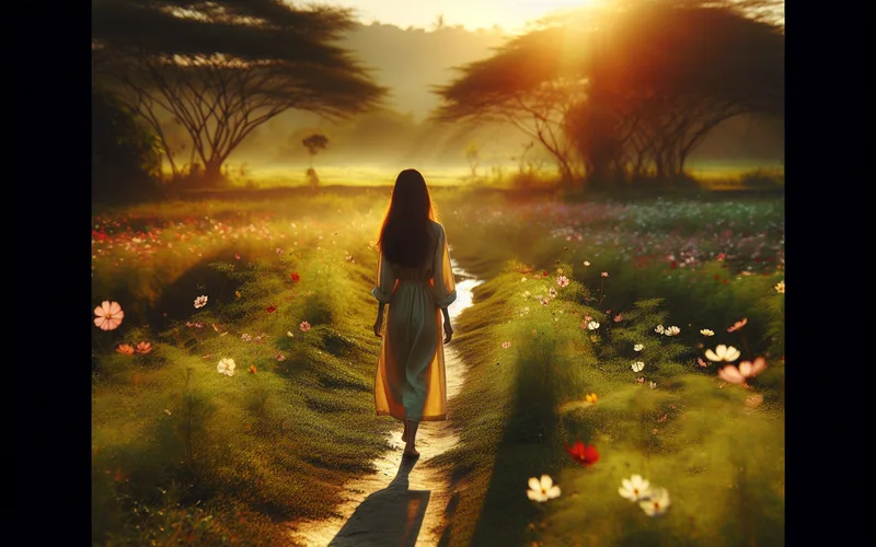 Personne marchant seule sur un chemin ensoleill&eacute; &agrave; travers une prairie fleurie, avancer avec espoir