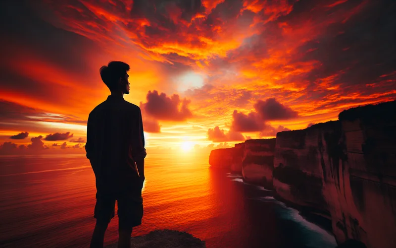 Personne contemplant un magnifique coucher de soleil sur l'oc&eacute;an depuis une falaise, libert&eacute;