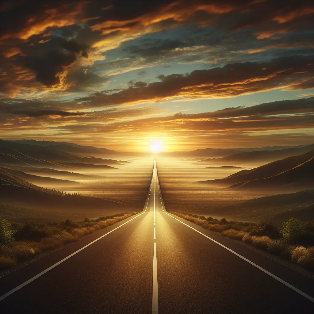 Route droite menant vers un magnifique lever de soleil à l'horizon, symbolisant le chemin vers la guérison de la dépression